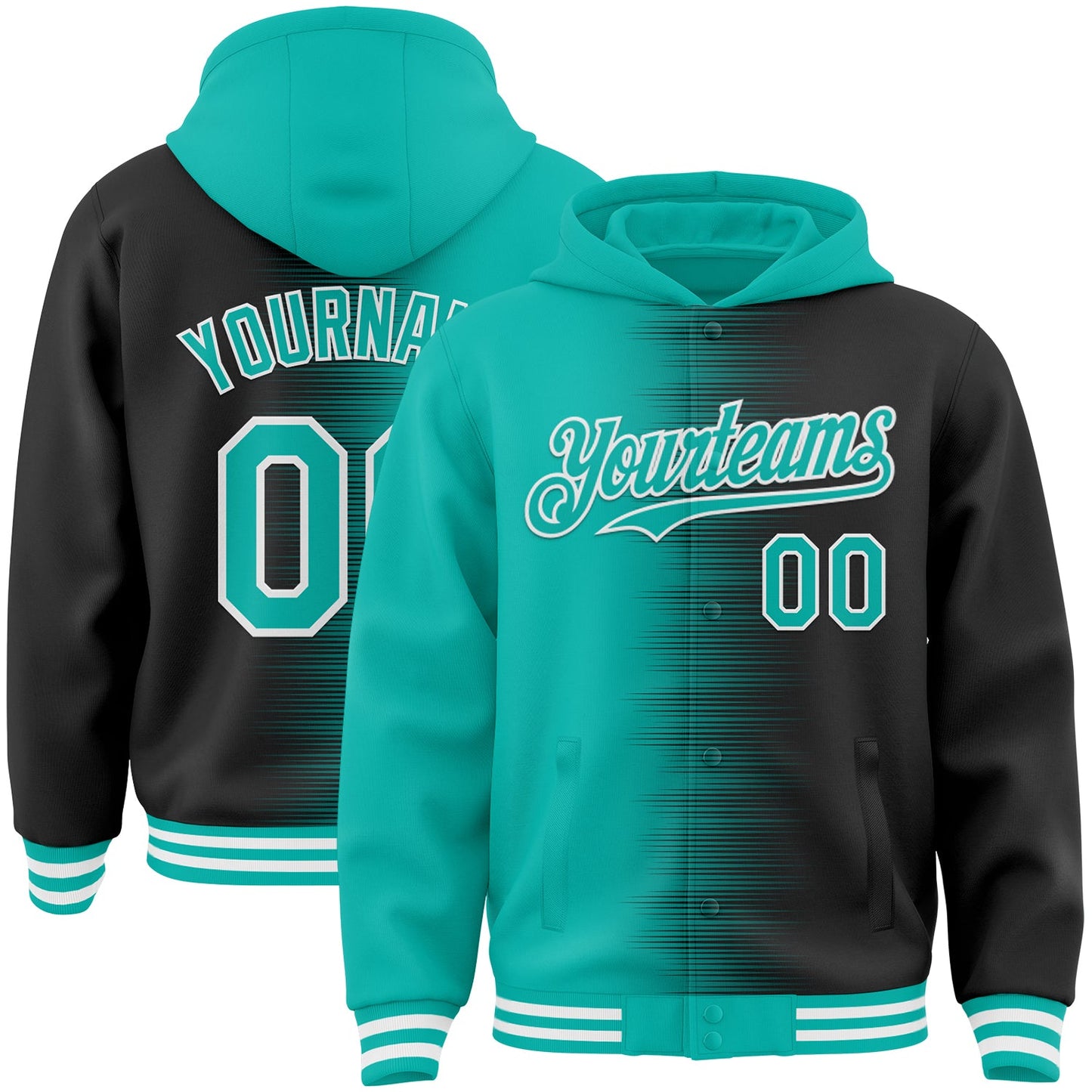 Custom Aqua Black-White Gradient Line Bomber Full-Snap Varsity Letterman Hoodie Jacket - Main View