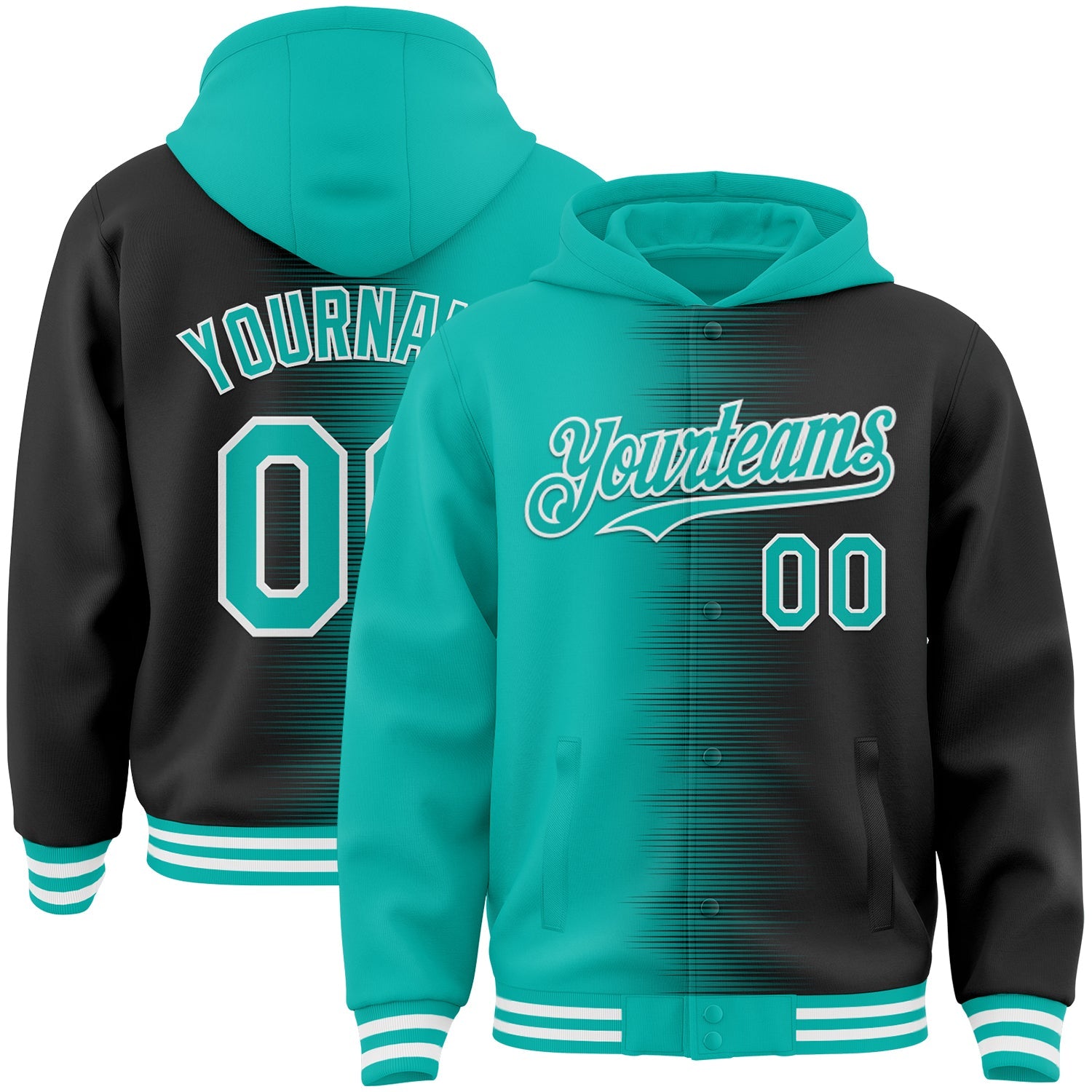 Custom Aqua Black-White Gradient Line Bomber Full-Snap Varsity Letterman Hoodie Jacket - Main View