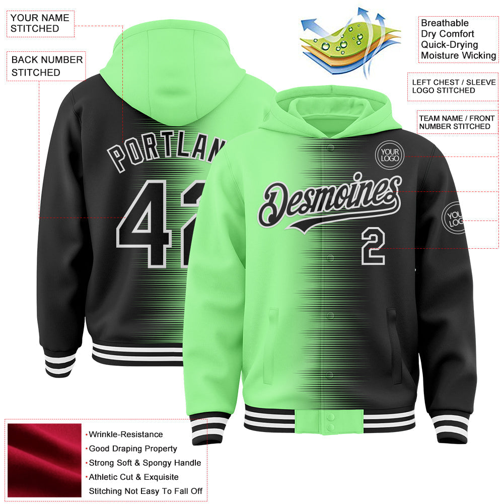 Custom Pea Green Black-White Gradient Line Bomber Full-Snap Varsity Letterman Hoodie Jacket view 4