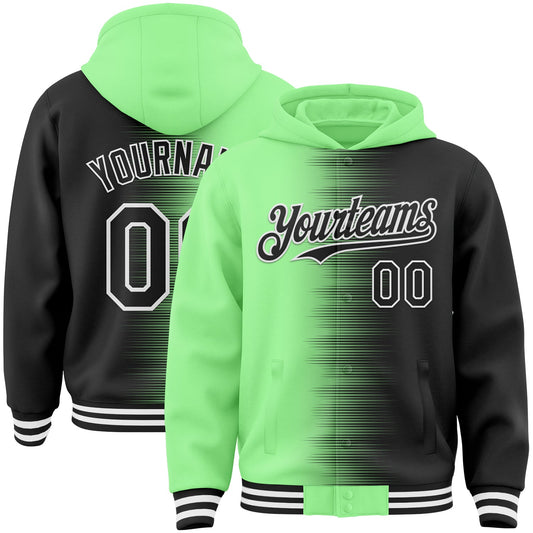 Custom Pea Green Black-White Gradient Line Bomber Full-Snap Varsity Letterman Hoodie Jacket - Main View