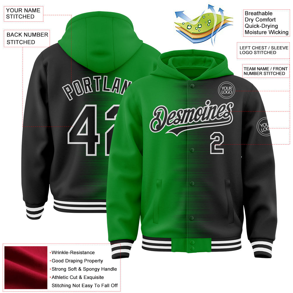 Custom Grass Green Black-White Gradient Line Bomber Full-Snap Varsity Letterman Hoodie Jacket view 4