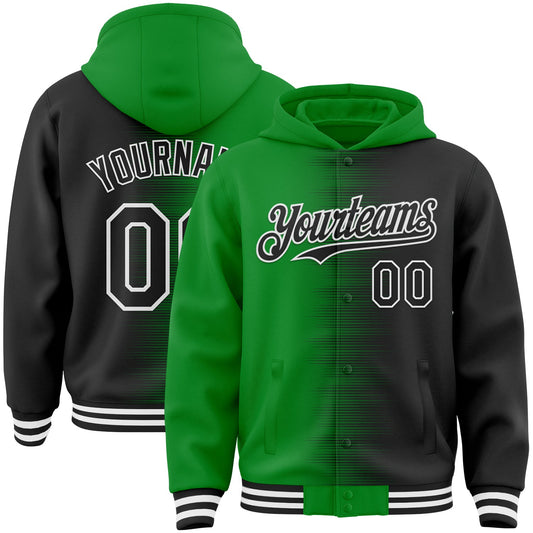 Custom Grass Green Black-White Gradient Line Bomber Full-Snap Varsity Letterman Hoodie Jacket - Main View
