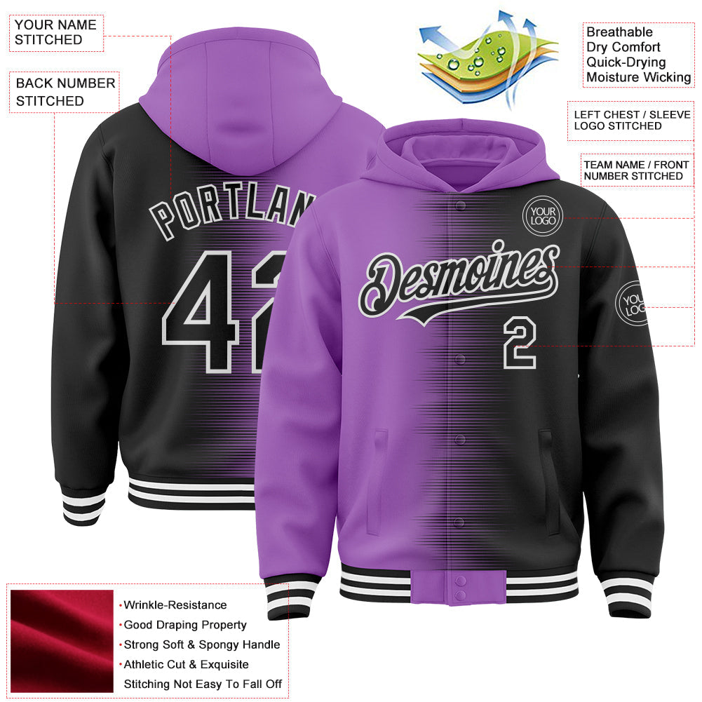 Custom Medium Purple Black-White Gradient Line Bomber Full-Snap Varsity Letterman Hoodie Jacket view 4