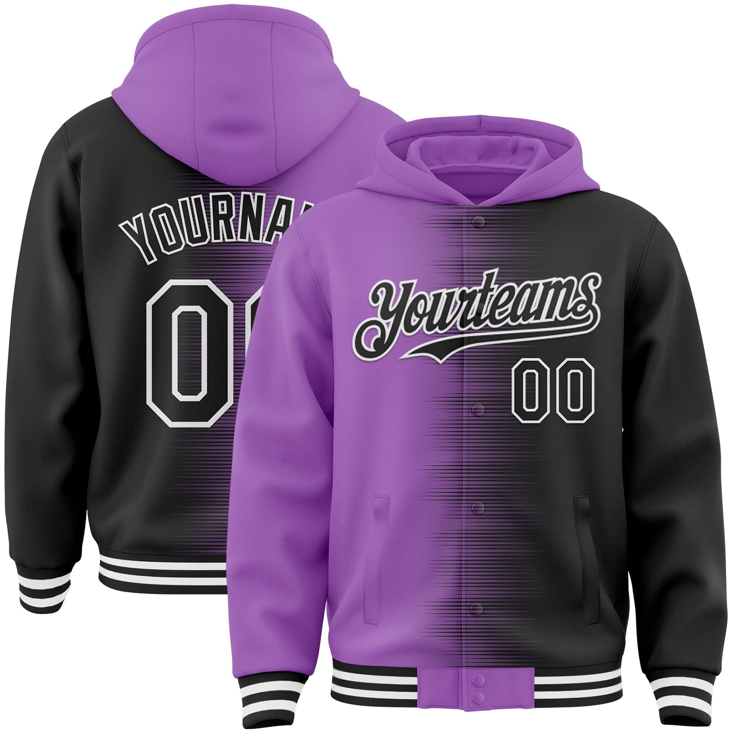 Custom Medium Purple Black-White Gradient Line Bomber Full-Snap Varsity Letterman Hoodie Jacket - Main View