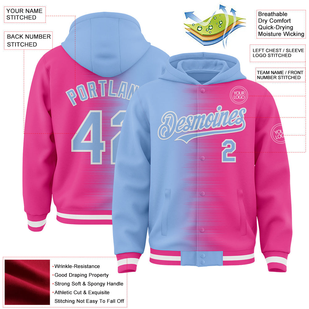 Custom Light Blue Pink-White Gradient Line Bomber Full-Snap Varsity Letterman Hoodie Jacket view 4