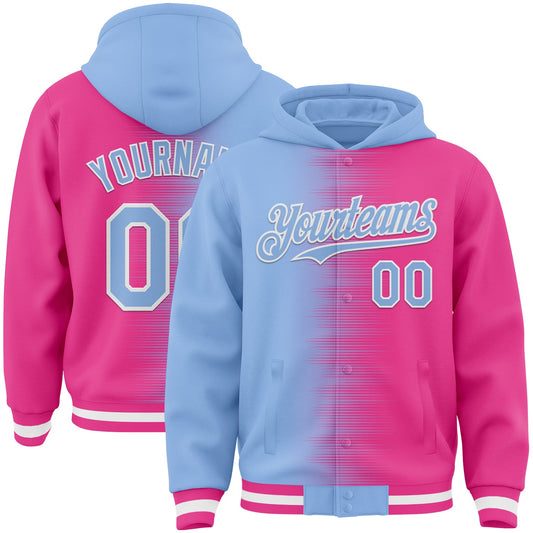 Custom Light Blue Pink-White Gradient Line Bomber Full-Snap Varsity Letterman Hoodie Jacket - Main View