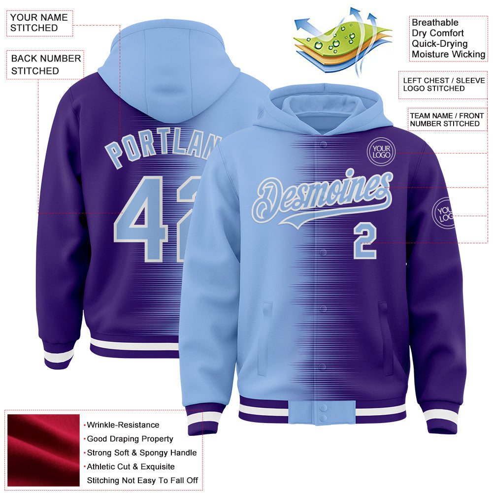 Custom Light Blue Purple-White Gradient Line Bomber Full-Snap Varsity Letterman Hoodie Jacket view 4