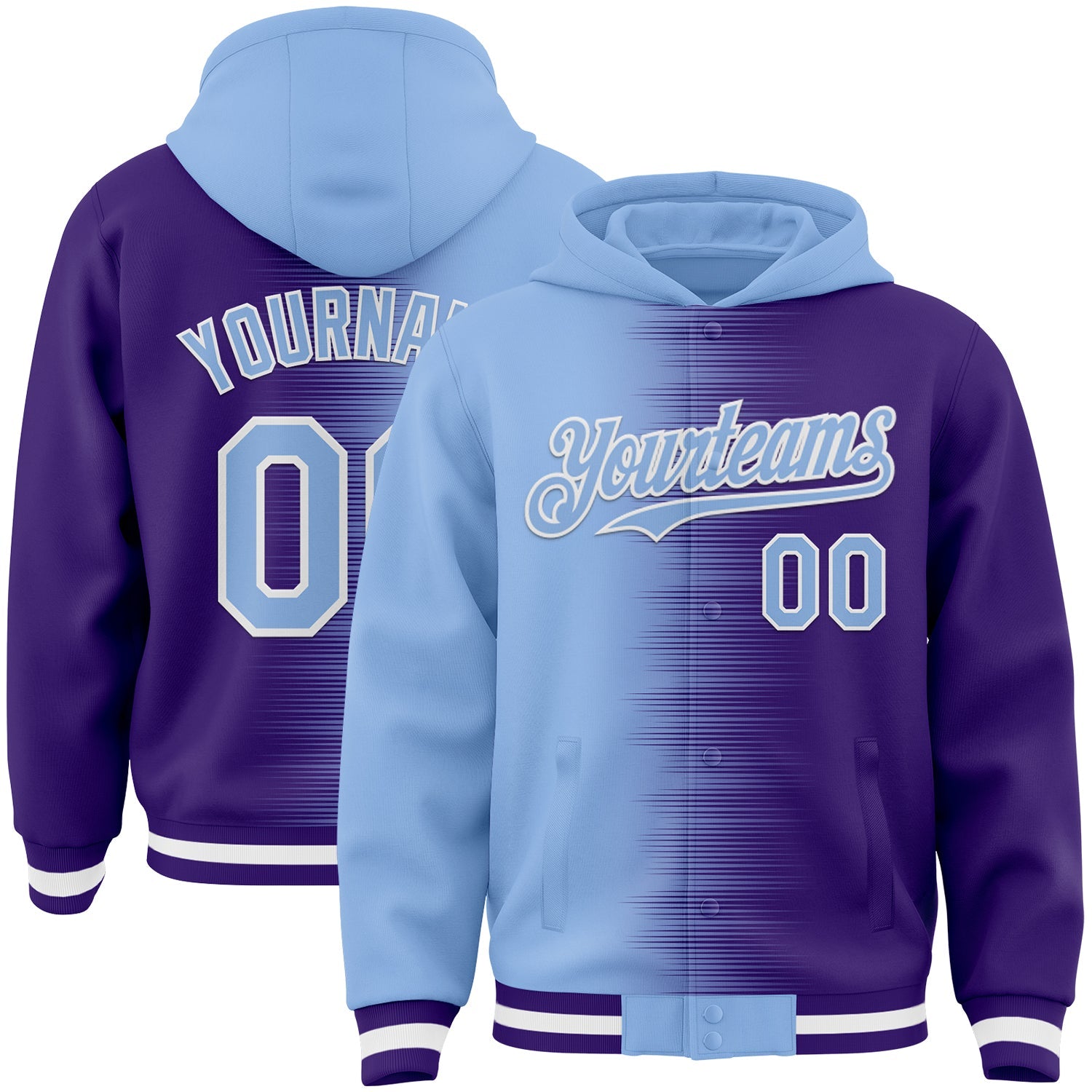 Custom Light Blue Purple-White Gradient Line Bomber Full-Snap Varsity Letterman Hoodie Jacket - Main View