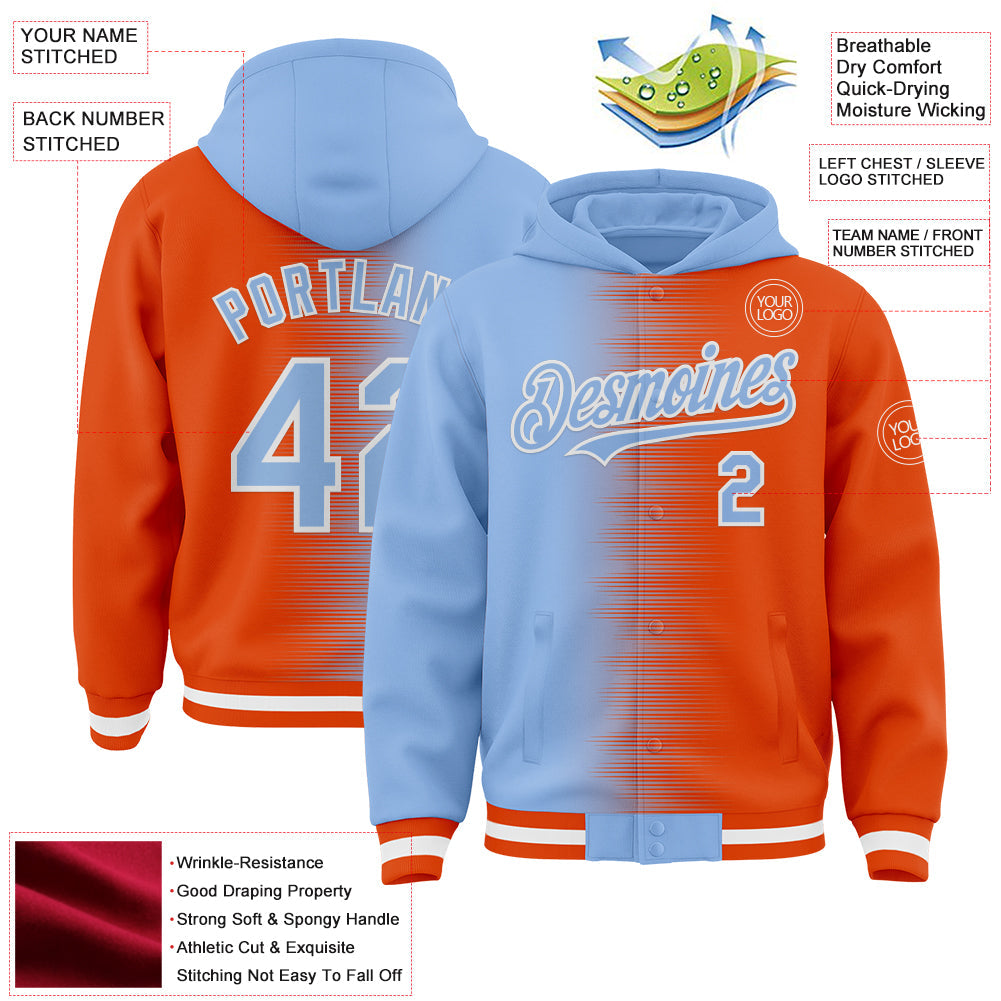 Custom Light Blue Orange-White Gradient Line Bomber Full-Snap Varsity Letterman Hoodie Jacket view 4