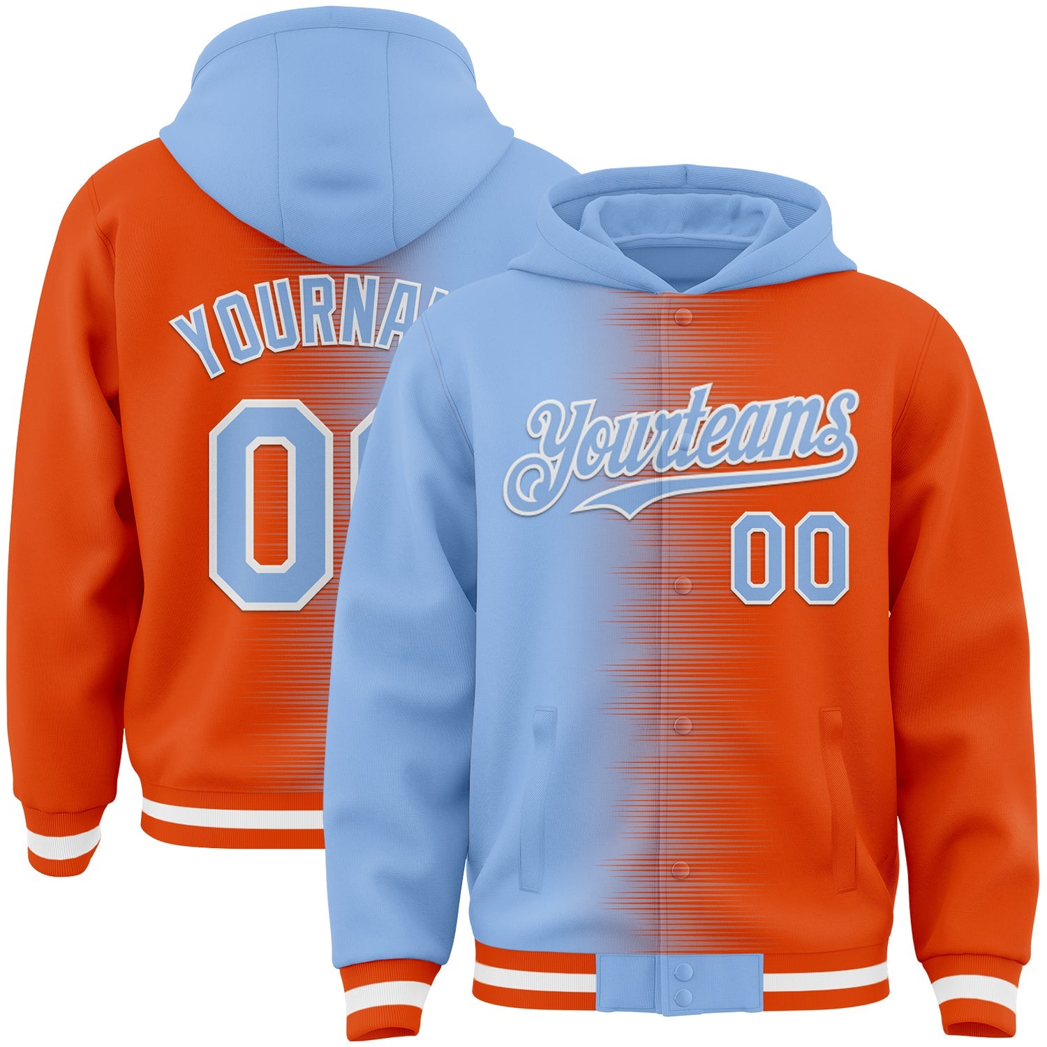 Custom Light Blue Orange-White Gradient Line Bomber Full-Snap Varsity Letterman Hoodie Jacket - Main View
