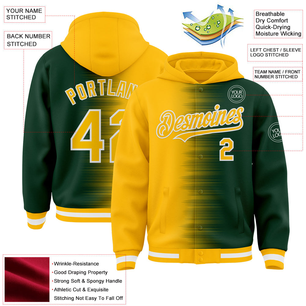 Custom Gold Green-White Gradient Line Bomber Full-Snap Varsity Letterman Hoodie Jacket view 4