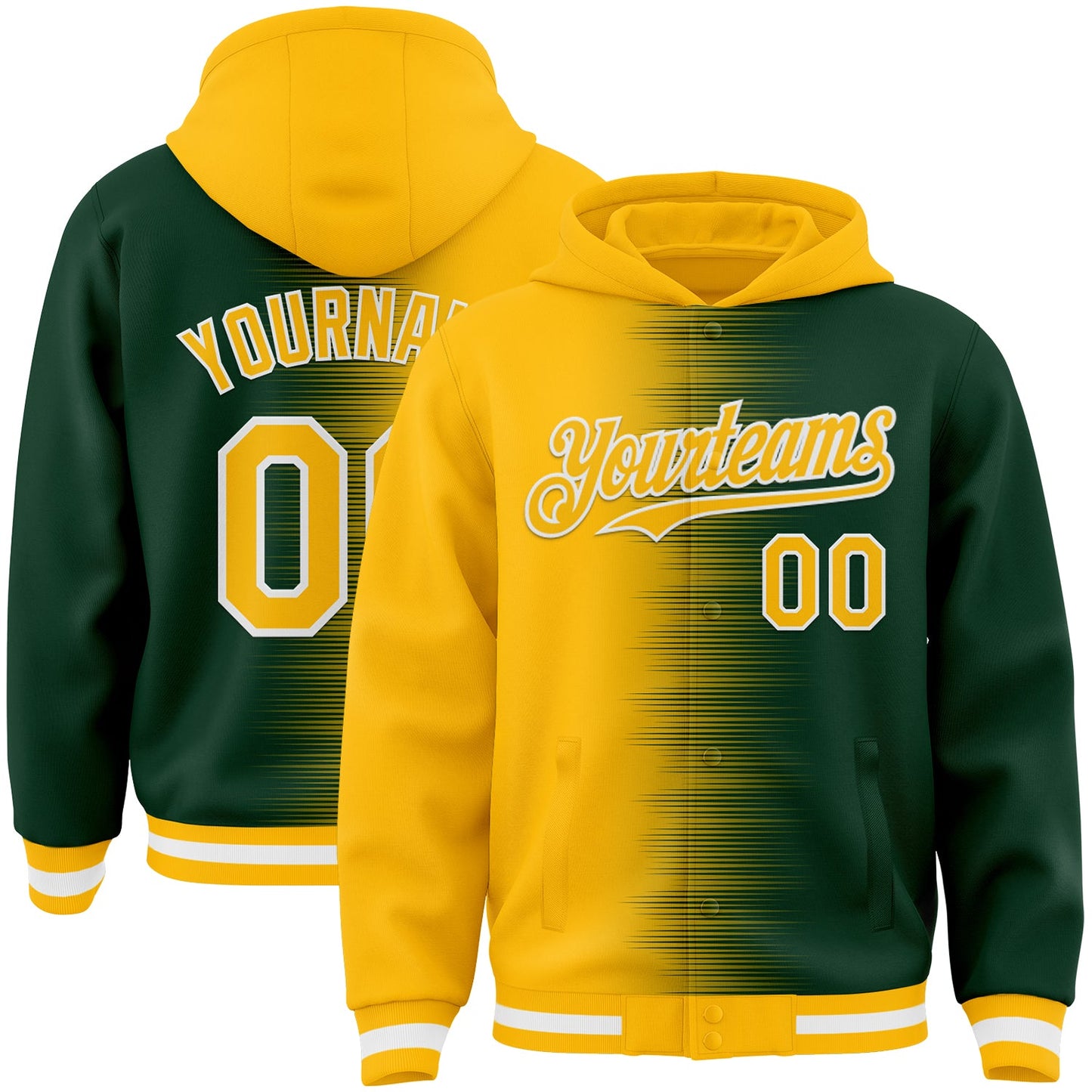 Custom Gold Green-White Gradient Line Bomber Full-Snap Varsity Letterman Hoodie Jacket - Main View