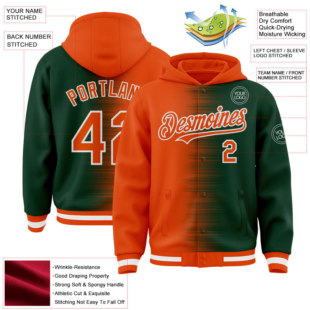 Custom Orange Green-White Gradient Line Bomber Full-Snap Varsity Letterman Hoodie Jacket view 4