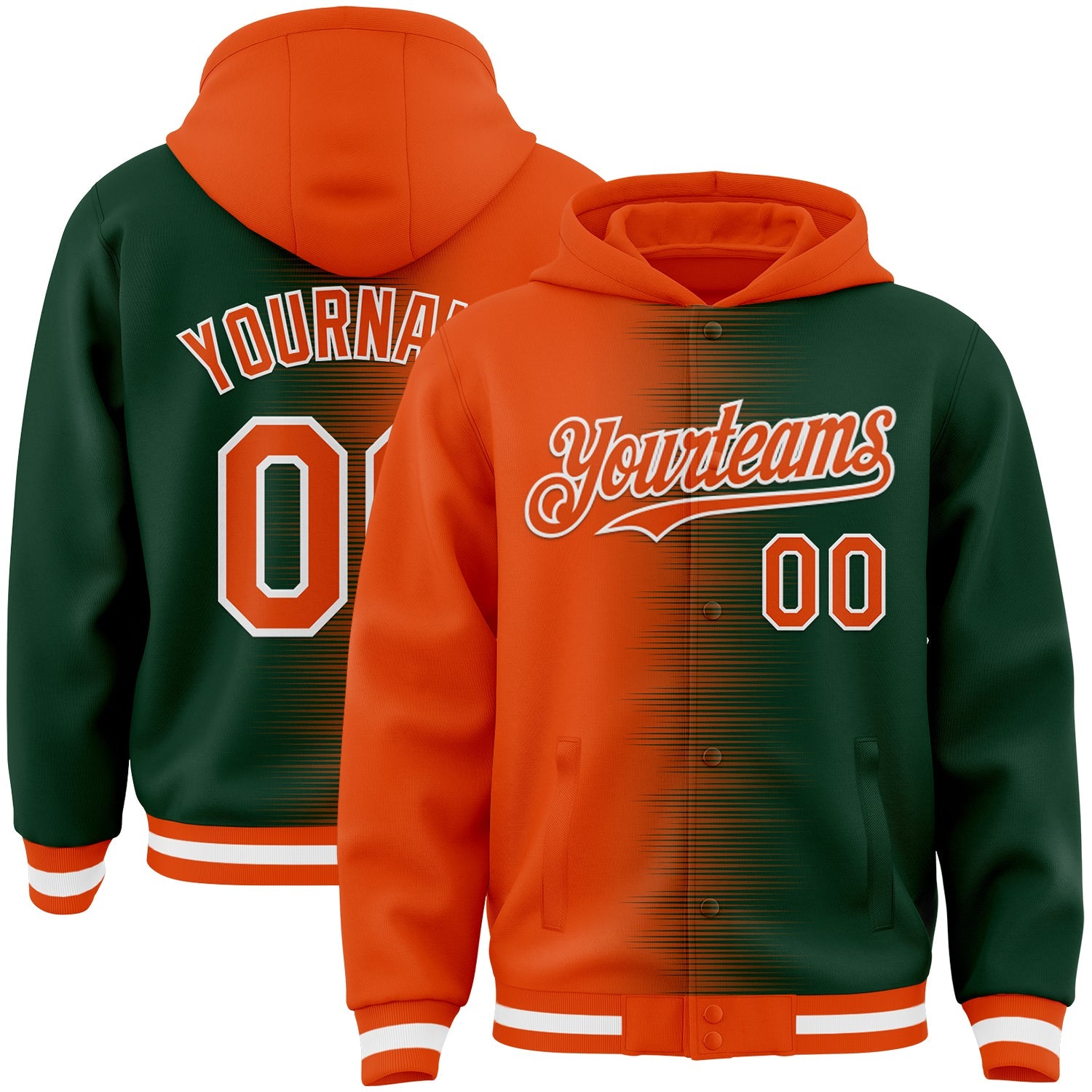 Custom Orange Green-White Gradient Line Bomber Full-Snap Varsity Letterman Hoodie Jacket - Main View