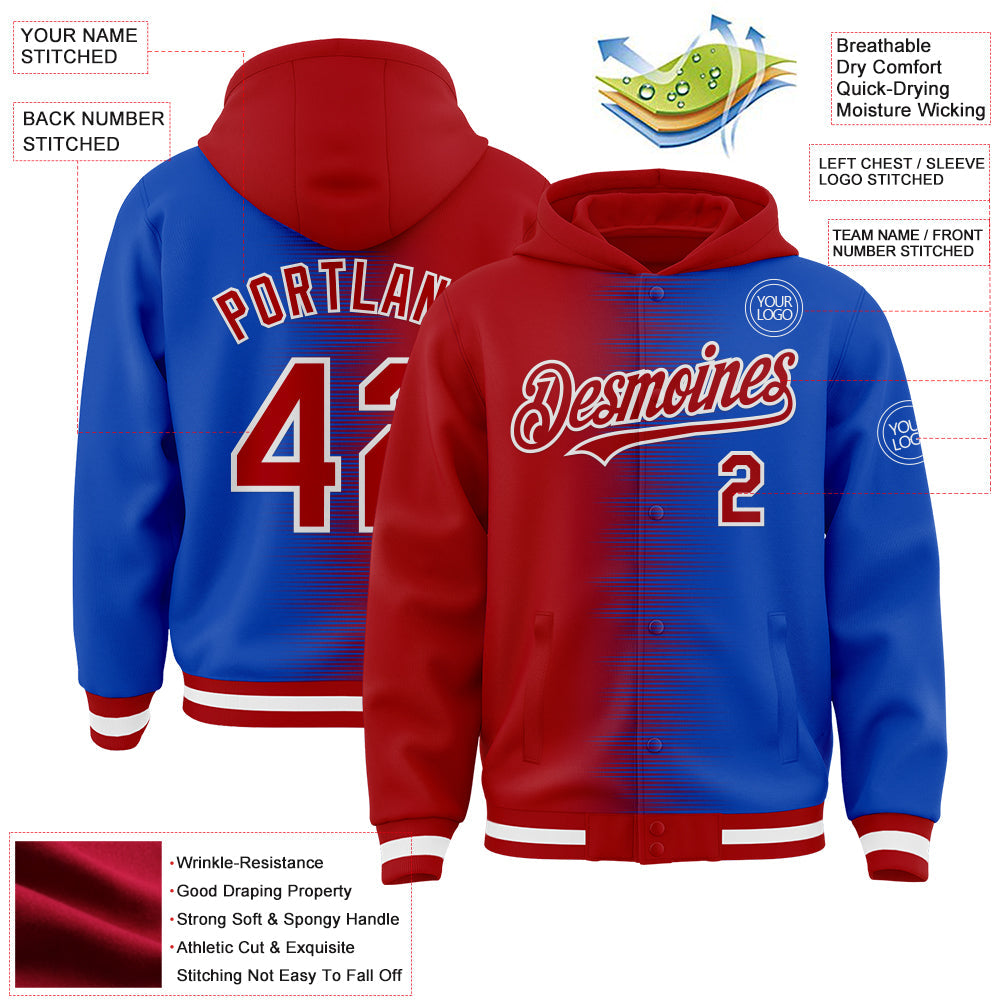 Custom Red Thunder Blue-White Gradient Line Bomber Full-Snap Varsity Letterman Hoodie Jacket view 4