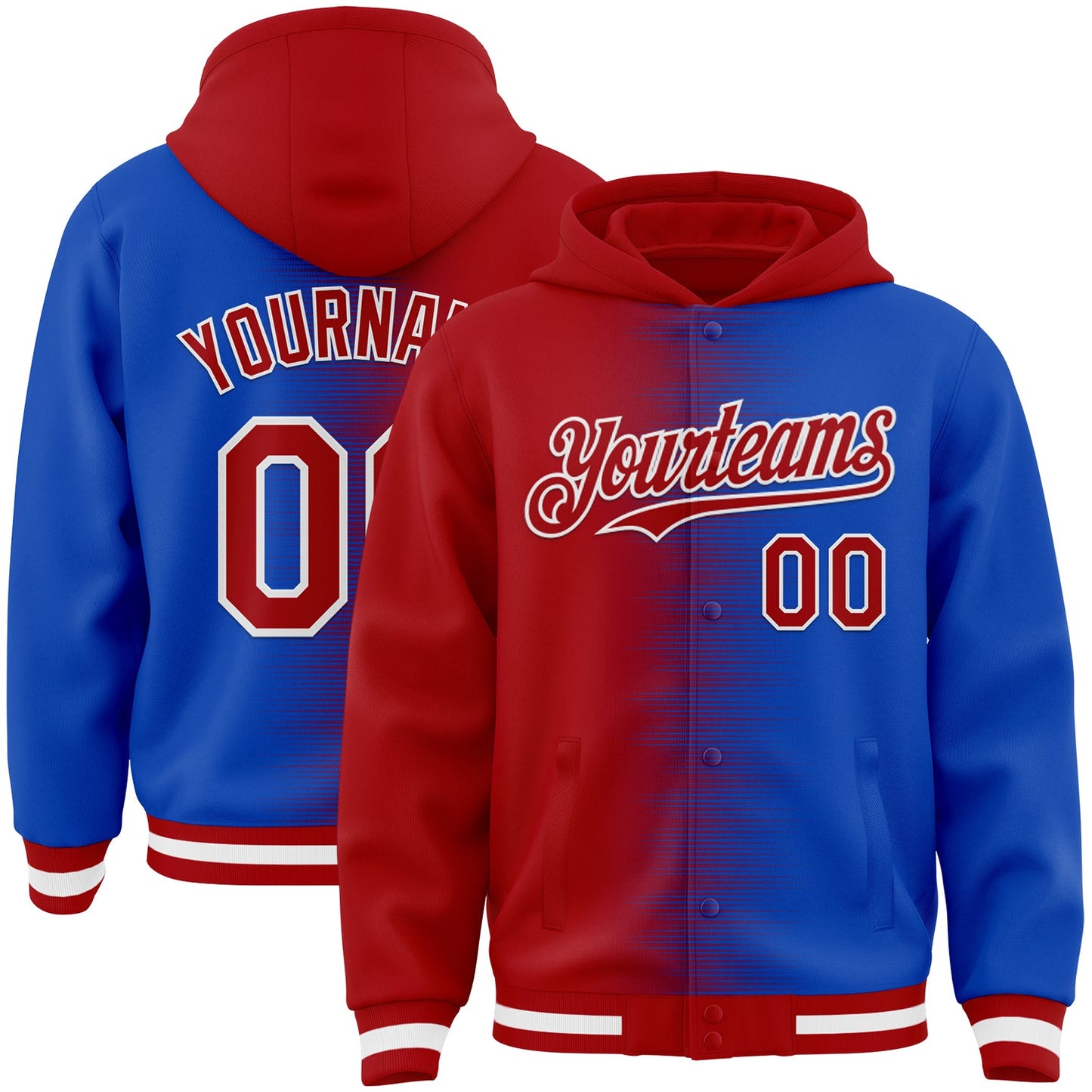 Custom Red Thunder Blue-White Gradient Line Bomber Full-Snap Varsity Letterman Hoodie Jacket - Main View