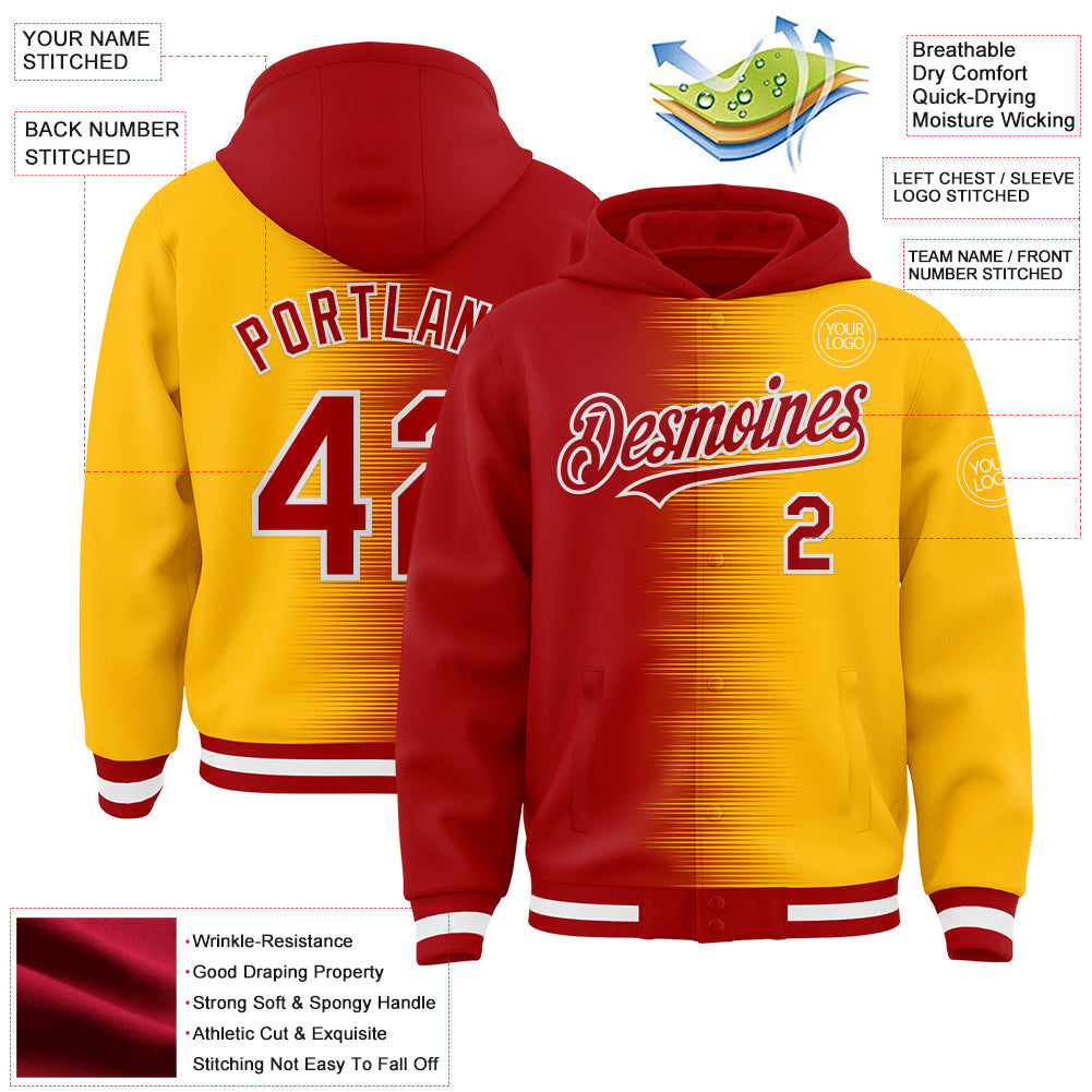 Custom Red Gold-White Gradient Line Bomber Full-Snap Varsity Letterman Hoodie Jacket view 4