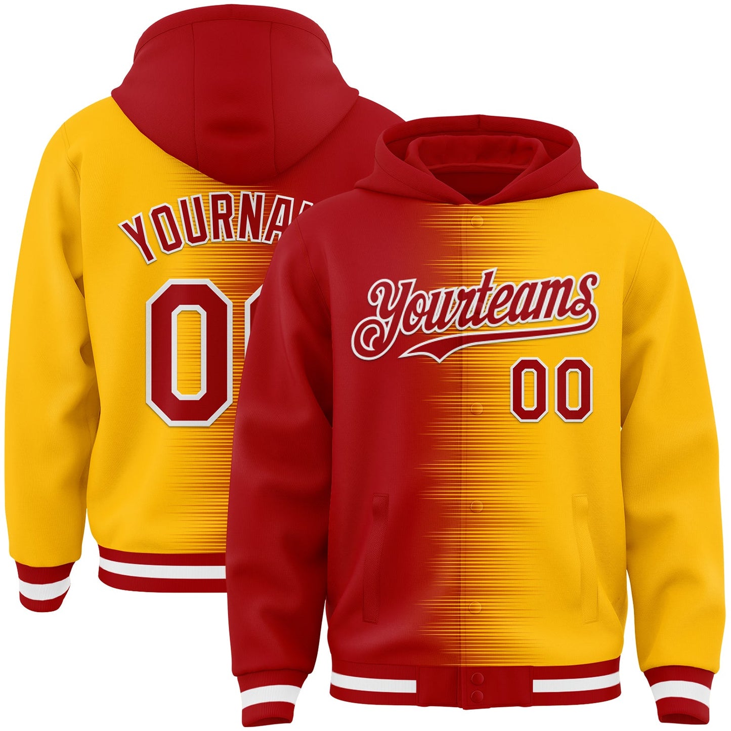 Custom Red Gold-White Gradient Line Bomber Full-Snap Varsity Letterman Hoodie Jacket - Main View