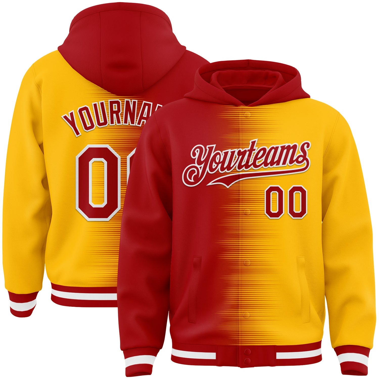 Custom Red Gold-White Gradient Line Bomber Full-Snap Varsity Letterman Hoodie Jacket - Main View