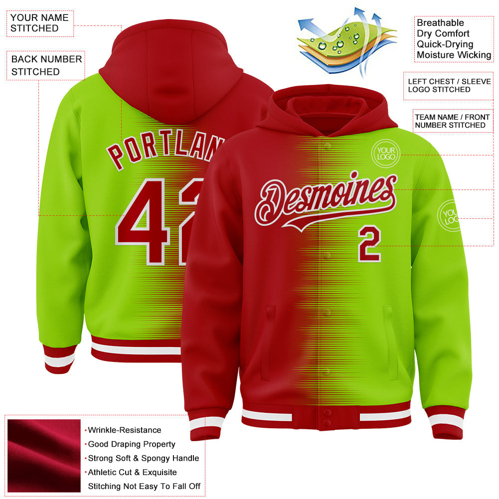 Custom Red Neon Green-White Gradient Line Bomber Full-Snap Varsity Letterman Hoodie Jacket view 4