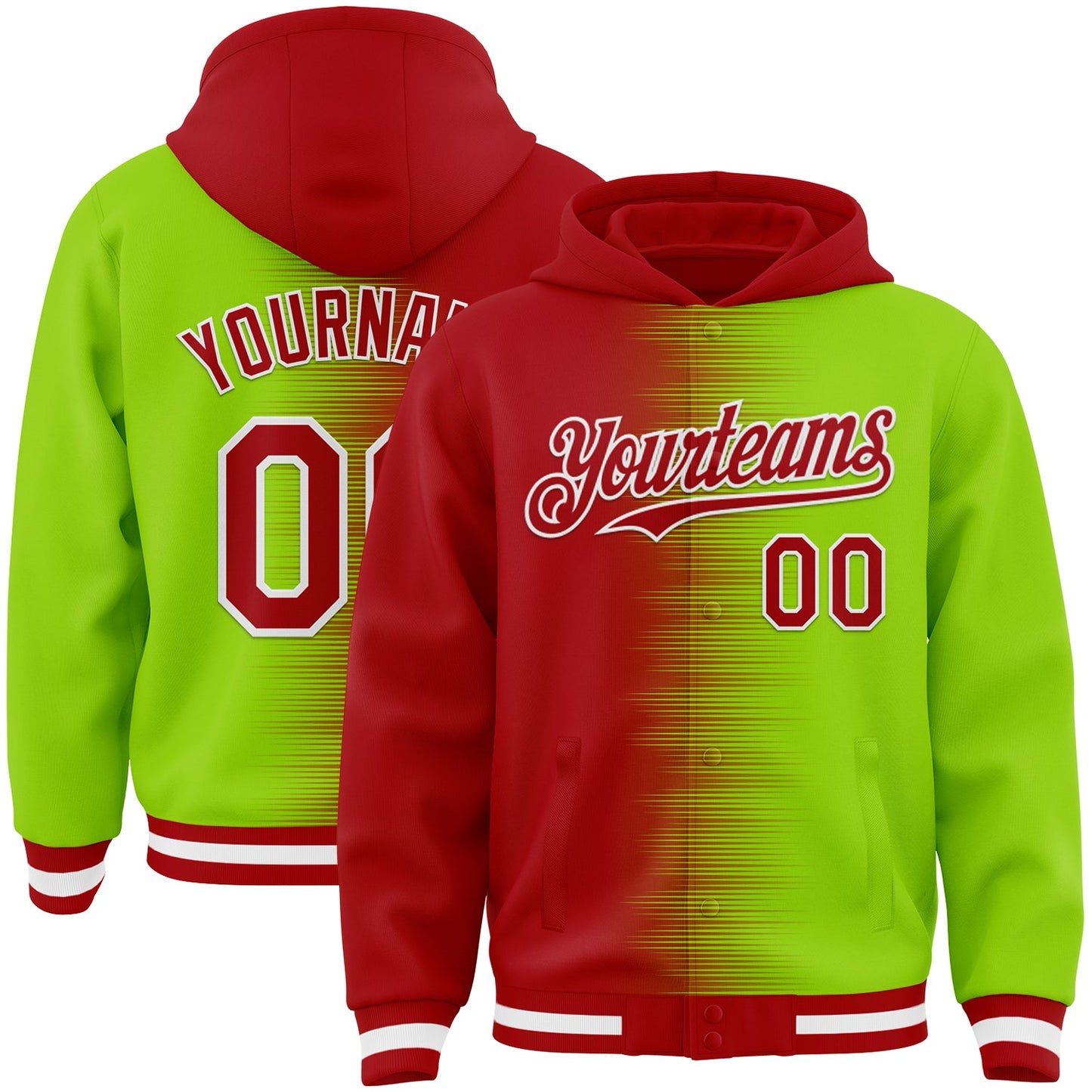 Custom Red Neon Green-White Gradient Line Bomber Full-Snap Varsity Letterman Hoodie Jacket - Main View