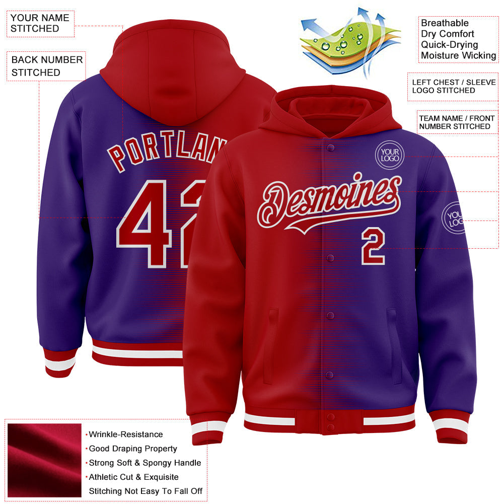 Custom Red Purple-White Gradient Line Bomber Full-Snap Varsity Letterman Hoodie Jacket view 4