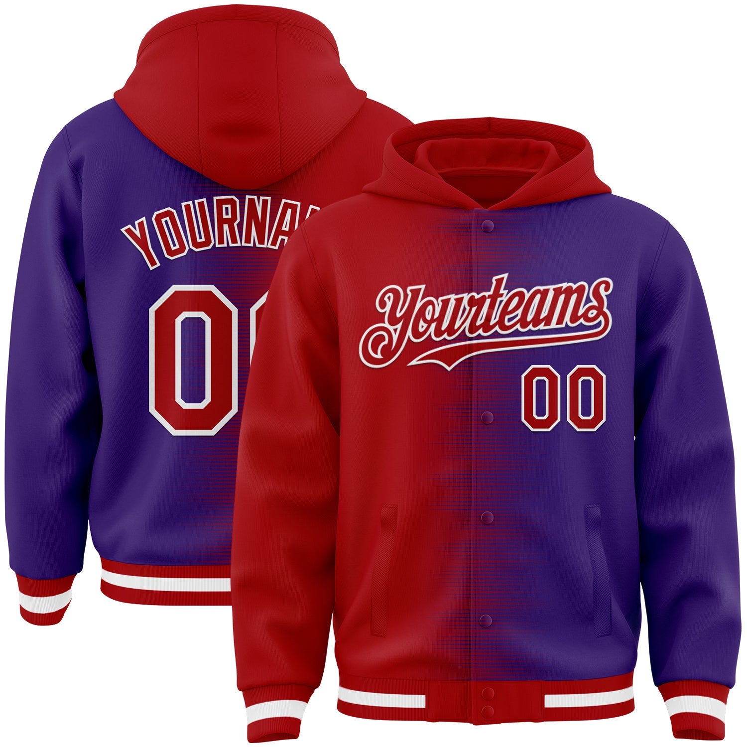 Custom Red Purple-White Gradient Line Bomber Full-Snap Varsity Letterman Hoodie Jacket - Main View