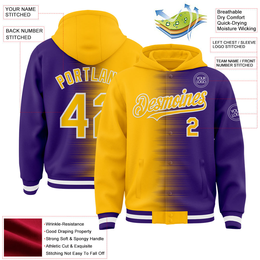 Custom Gold Purple-White Gradient Line Bomber Full-Snap Varsity Letterman Hoodie Jacket view 4