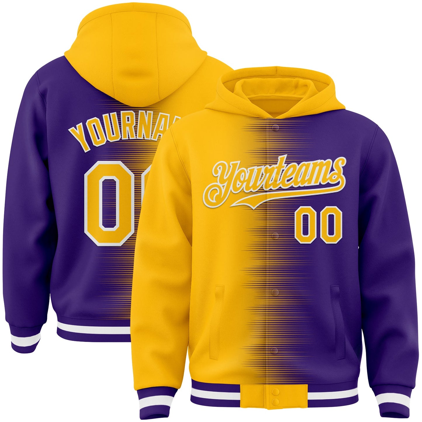 Custom Gold Purple-White Gradient Line Bomber Full-Snap Varsity Letterman Hoodie Jacket - Main View