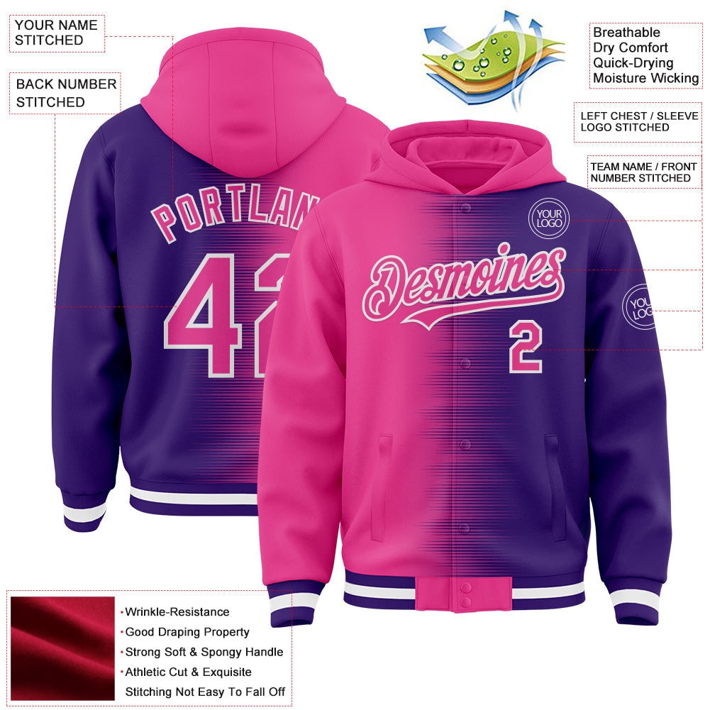 Custom Pink Purple-White Gradient Line Bomber Full-Snap Varsity Letterman Hoodie Jacket view 4