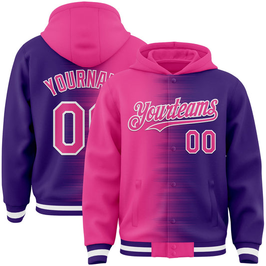 Custom Pink Purple-White Gradient Line Bomber Full-Snap Varsity Letterman Hoodie Jacket - Main View
