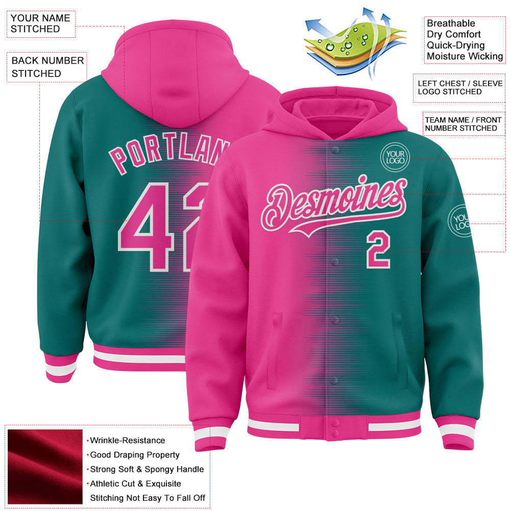 Custom Pink Teal-White Gradient Line Bomber Full-Snap Varsity Letterman Hoodie Jacket view 4