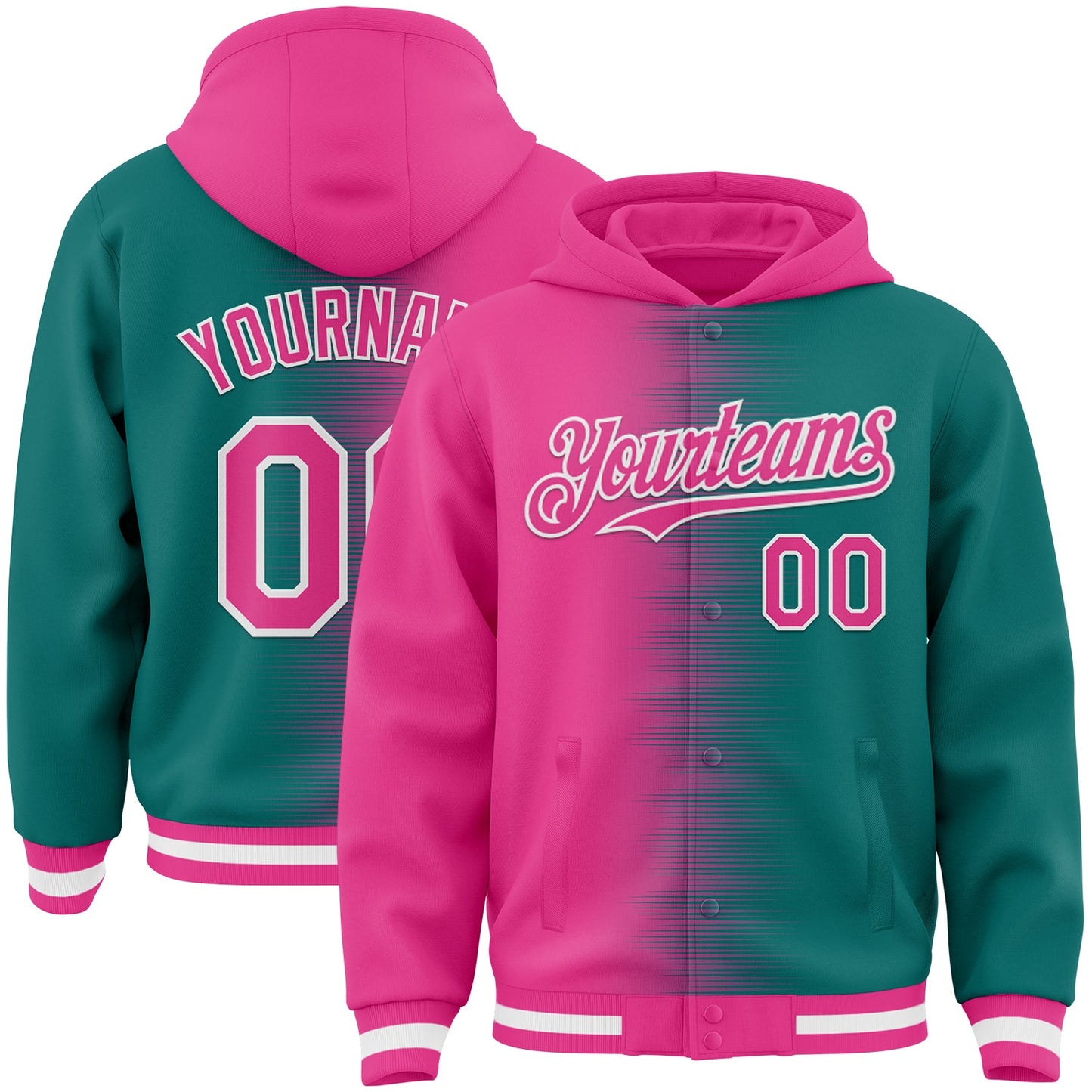 Custom Pink Teal-White Gradient Line Bomber Full-Snap Varsity Letterman Hoodie Jacket - Main View