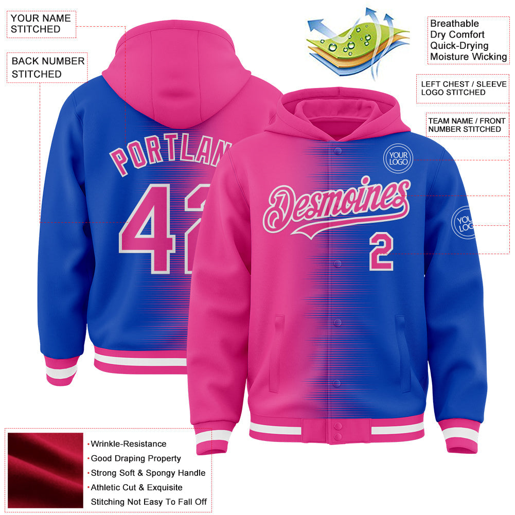 Custom Pink Thunder Blue-White Gradient Line Bomber Full-Snap Varsity Letterman Hoodie Jacket view 4