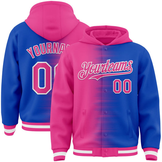 Custom Pink Thunder Blue-White Gradient Line Bomber Full-Snap Varsity Letterman Hoodie Jacket - Main View