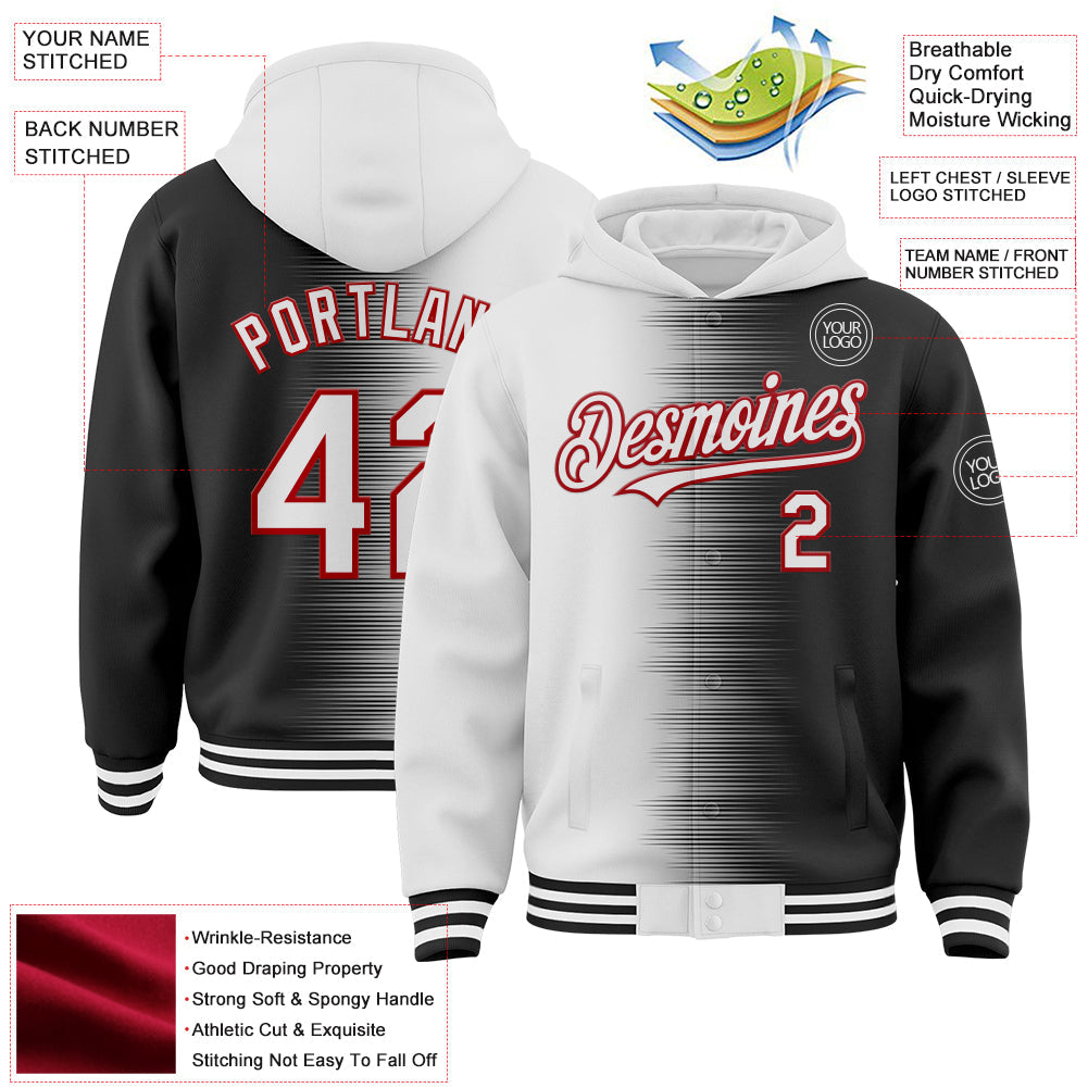 Custom White Black-Red Gradient Line Bomber Full-Snap Varsity Letterman Hoodie Jacket view 4
