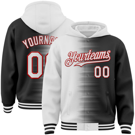 Custom White Black-Red Gradient Line Bomber Full-Snap Varsity Letterman Hoodie Jacket - Main View