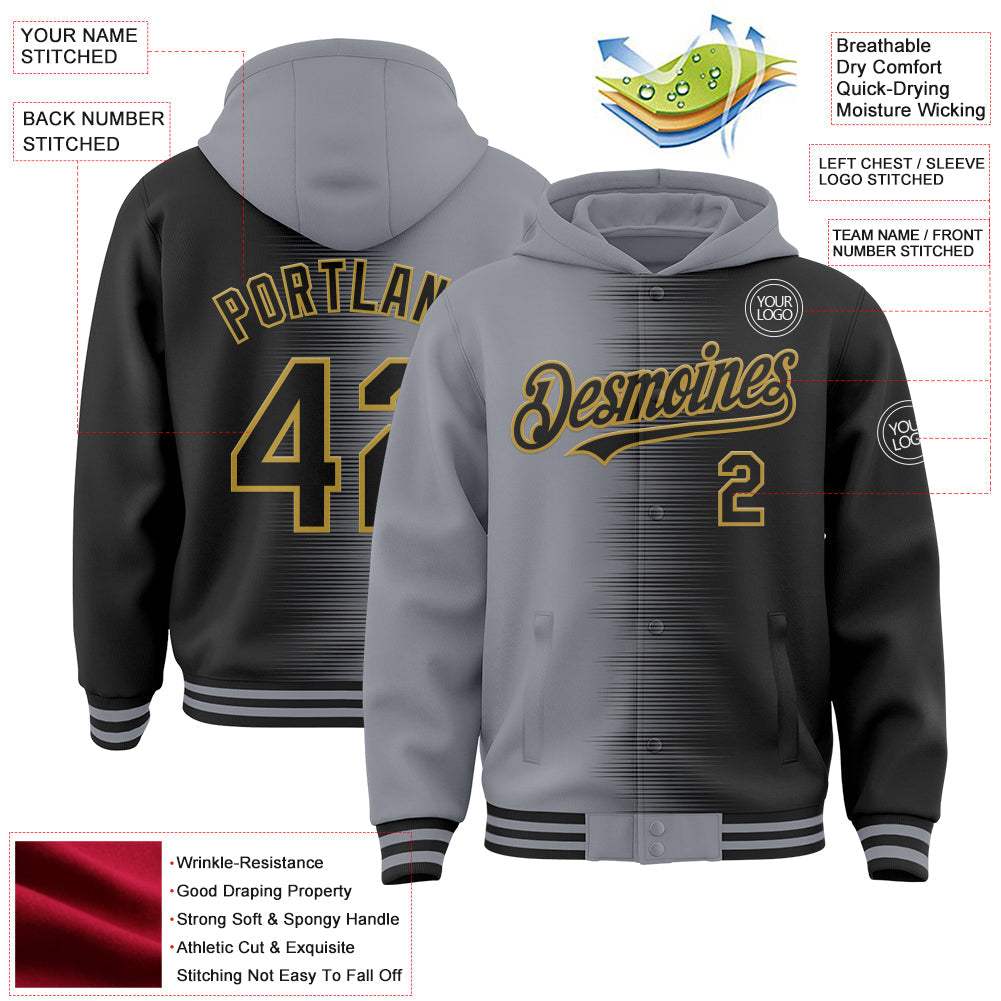 Custom Gray Black-Old Gold Gradient Line Bomber Full-Snap Varsity Letterman Hoodie Jacket view 4