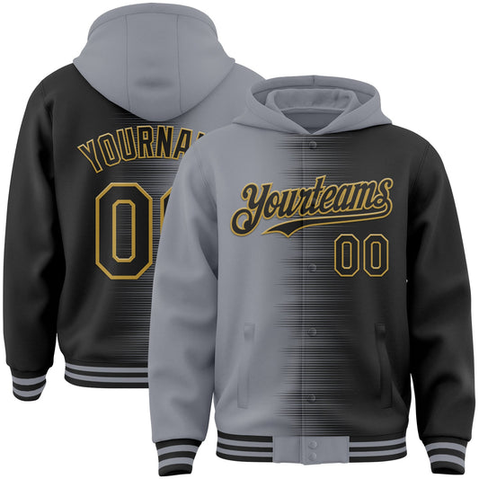 Custom Gray Black-Old Gold Gradient Line Bomber Full-Snap Varsity Letterman Hoodie Jacket - Main View