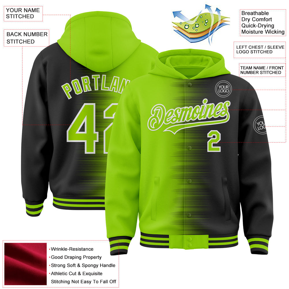 Custom Neon Green Black-White Gradient Line Bomber Full-Snap Varsity Letterman Hoodie Jacket view 4