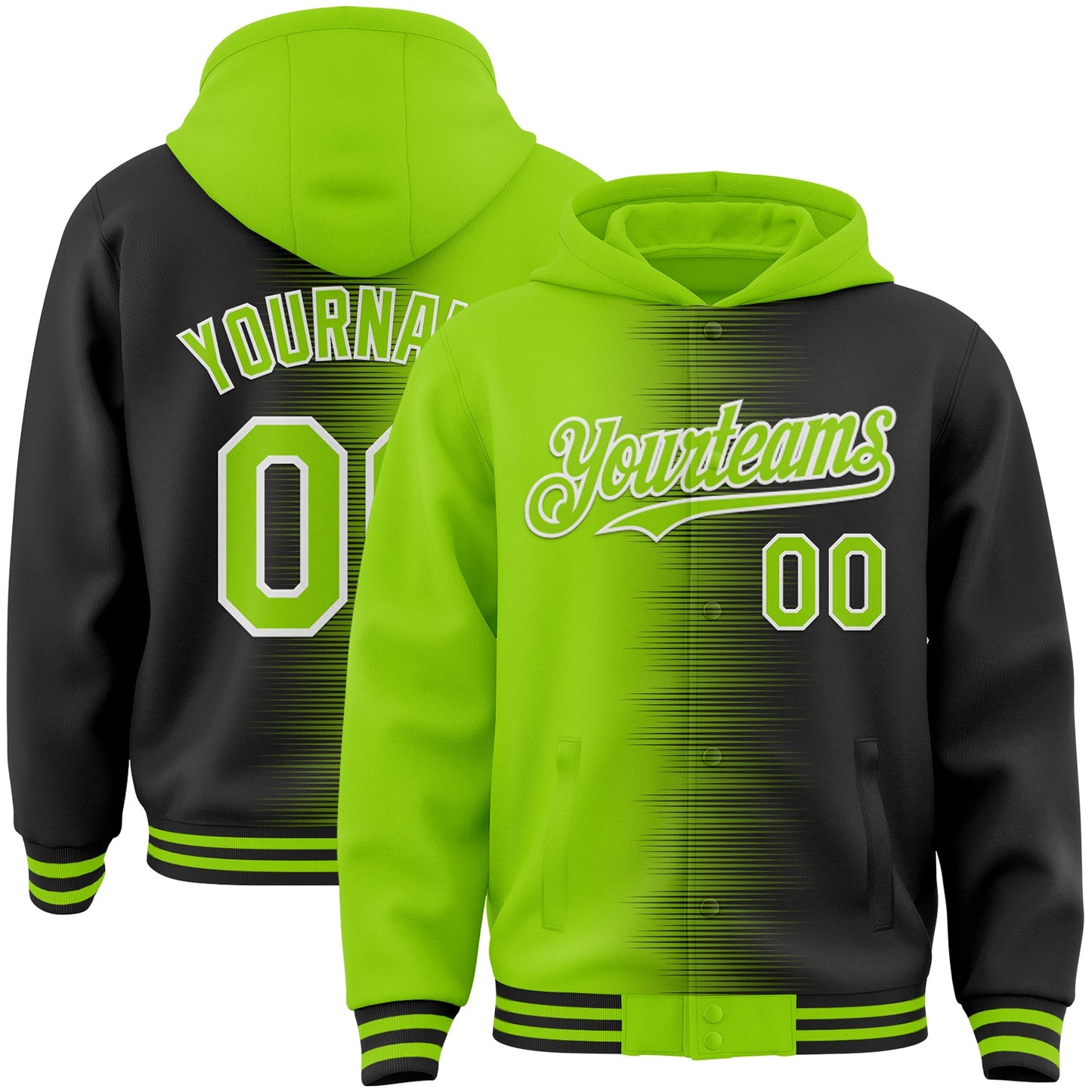 Custom Neon Green Black-White Gradient Line Bomber Full-Snap Varsity Letterman Hoodie Jacket - Main View