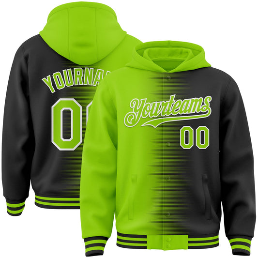Custom Neon Green Black-White Gradient Line Bomber Full-Snap Varsity Letterman Hoodie Jacket - Main View