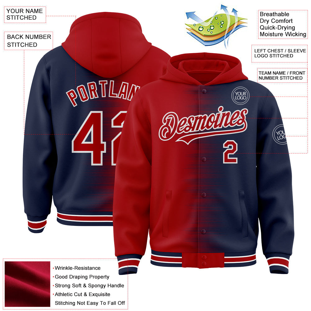 Custom Red Navy-White Gradient Line Bomber Full-Snap Varsity Letterman Hoodie Jacket view 4