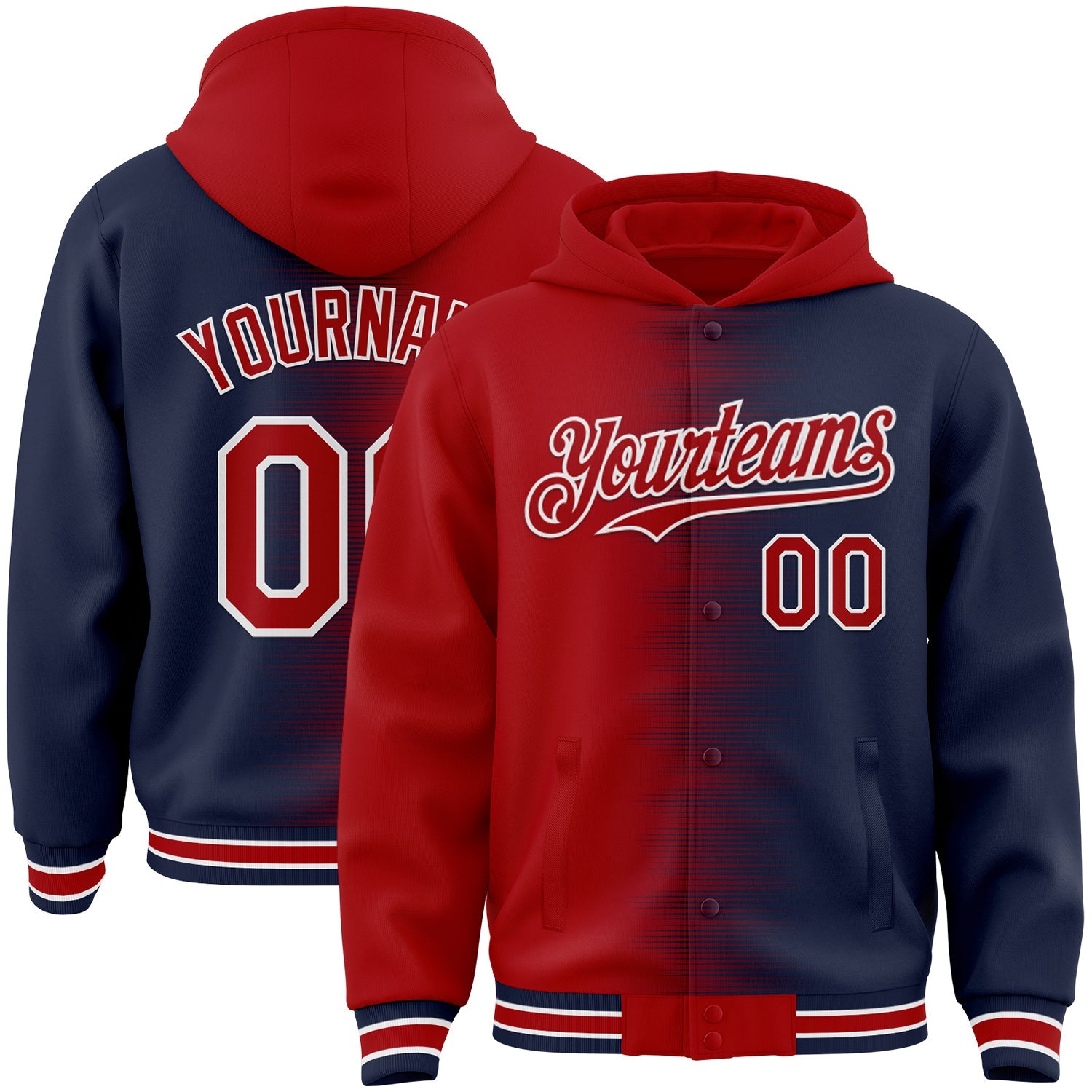 Custom Red Navy-White Gradient Line Bomber Full-Snap Varsity Letterman Hoodie Jacket - Main View