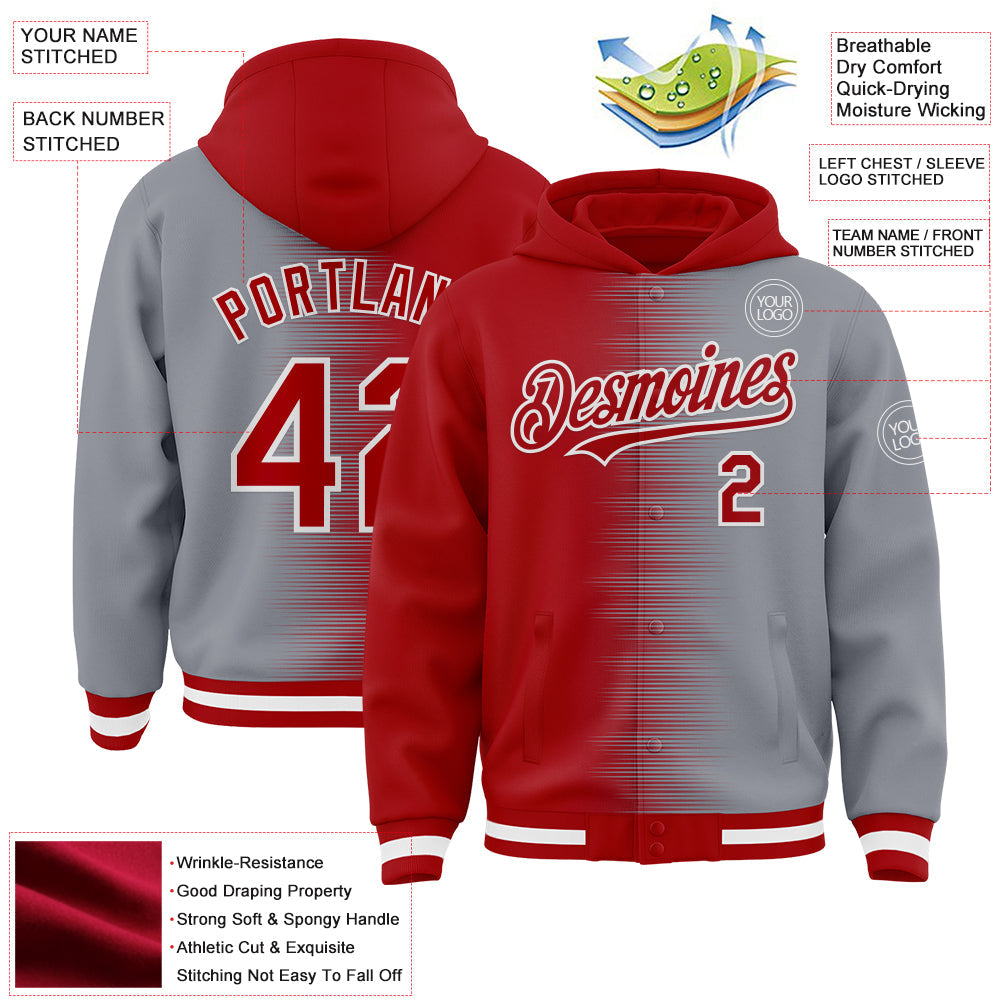 Custom Red Gray-White Gradient Line Bomber Full-Snap Varsity Letterman Hoodie Jacket view 4