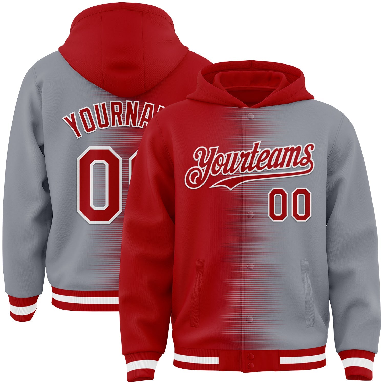 Custom Red Gray-White Gradient Line Bomber Full-Snap Varsity Letterman Hoodie Jacket - Main View