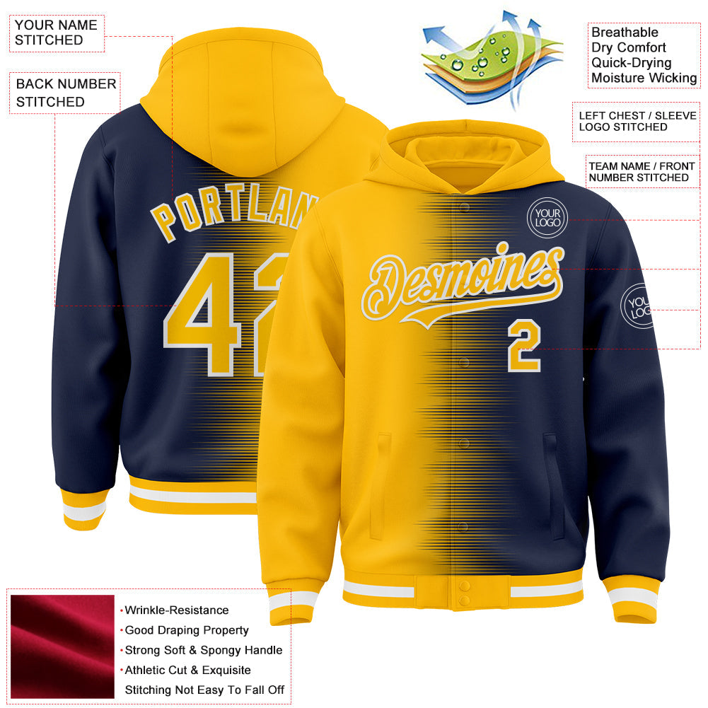 Custom Gold Navy-White Gradient Line Bomber Full-Snap Varsity Letterman Hoodie Jacket view 4