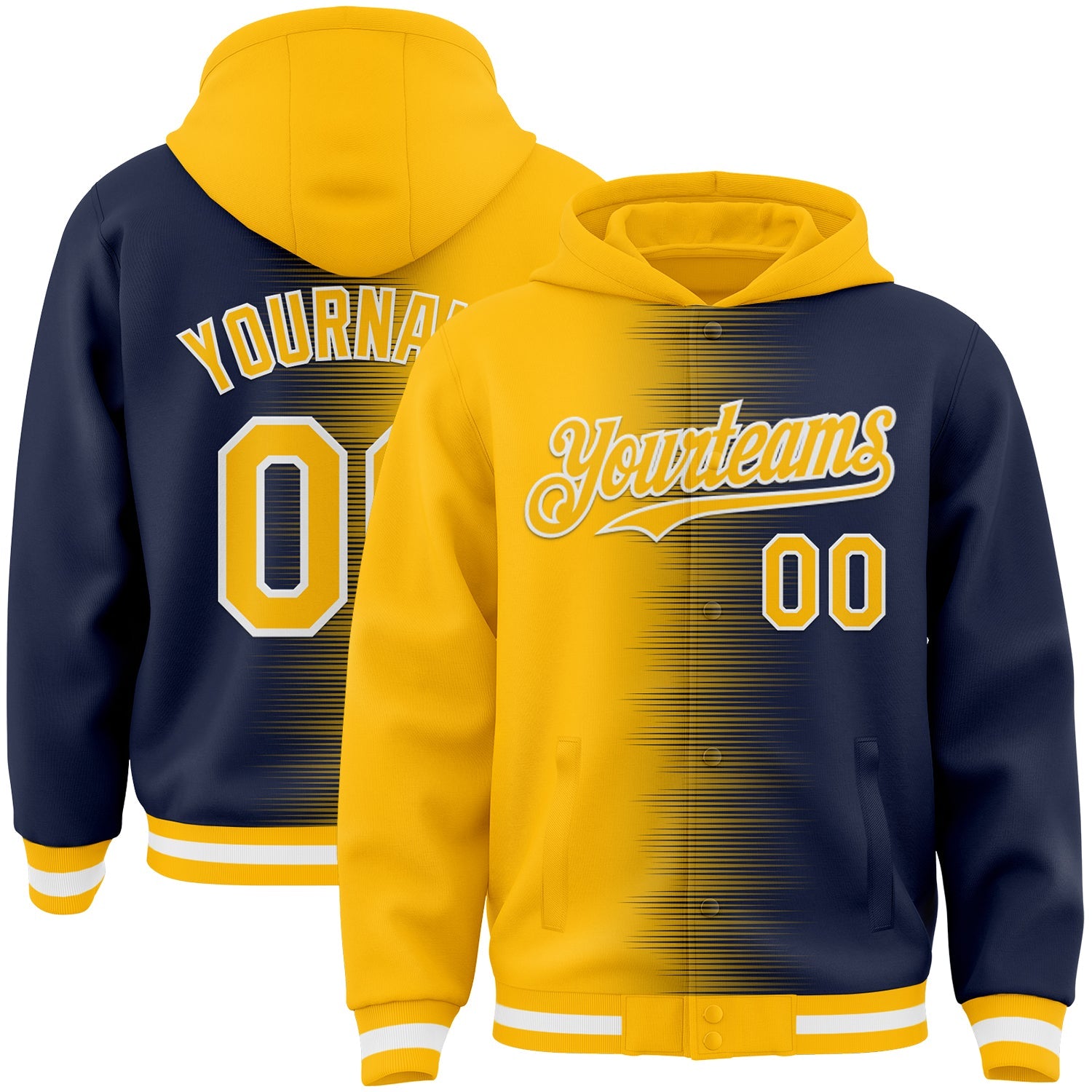 Custom Gold Navy-White Gradient Line Bomber Full-Snap Varsity Letterman Hoodie Jacket - Main View