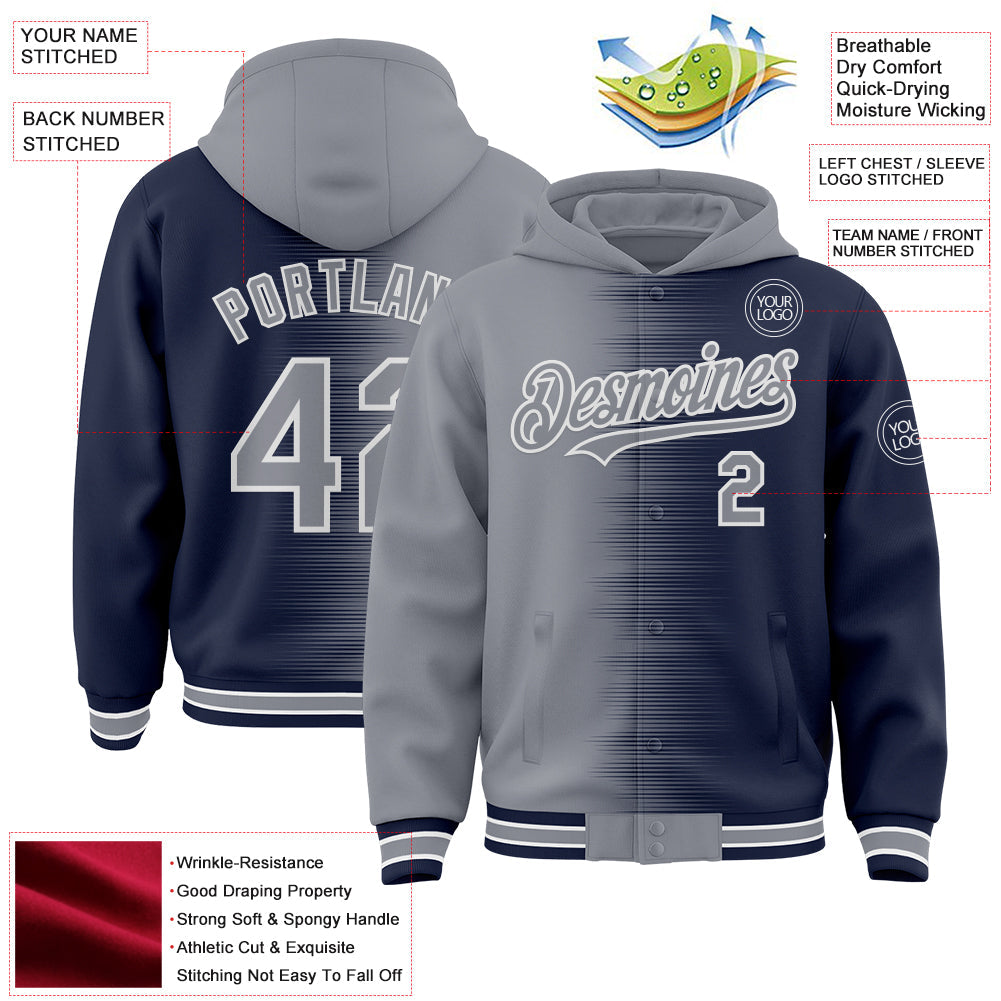Custom Gray Navy-White Gradient Line Bomber Full-Snap Varsity Letterman Hoodie Jacket view 4