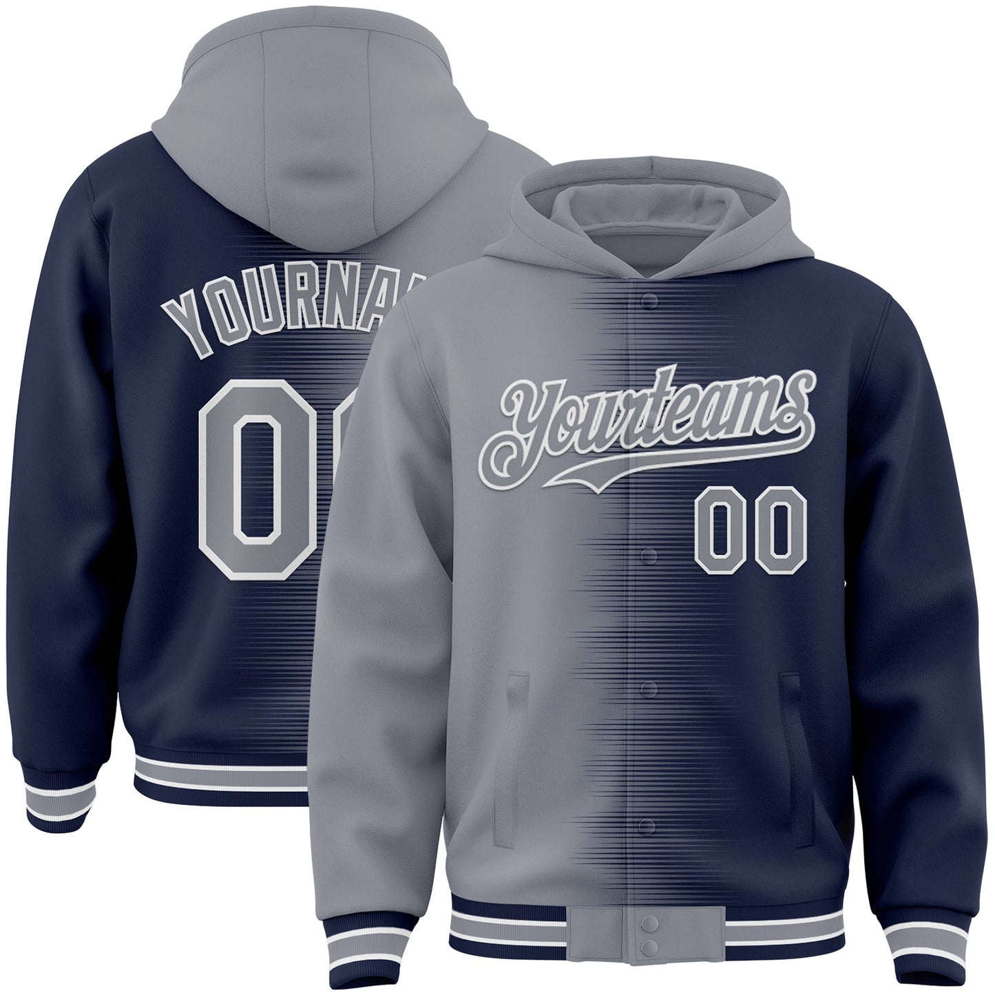 Custom Gray Navy-White Gradient Line Bomber Full-Snap Varsity Letterman Hoodie Jacket - Main View
